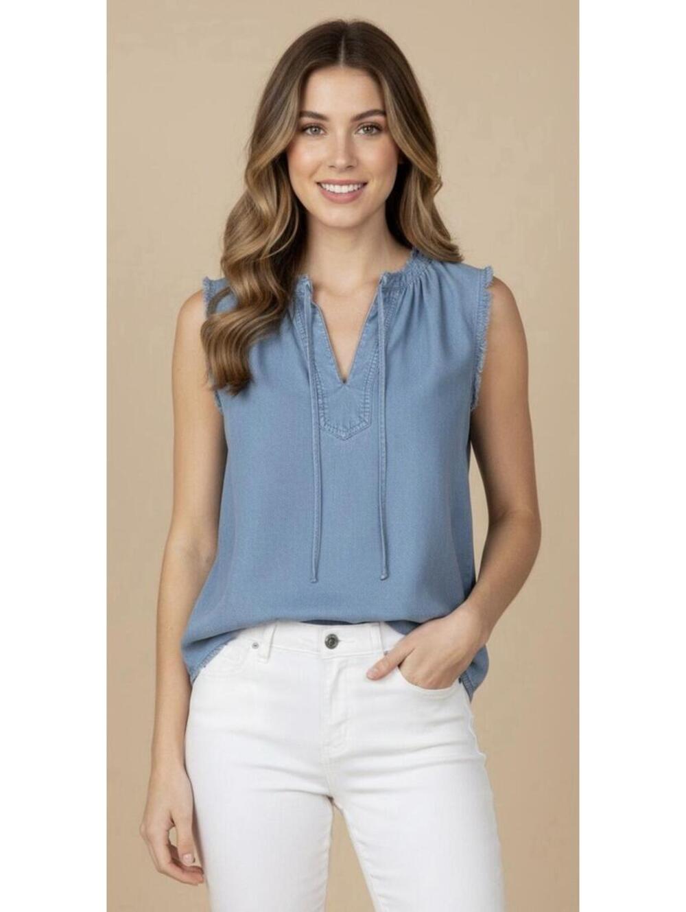 CLOTH+STONE by Anthropologie Shirred Fray Tie Neck Sleeveless Top in Blue-Large